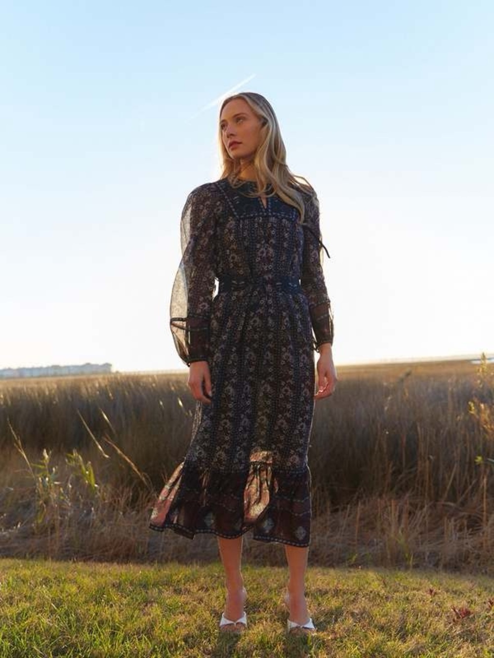 NWT Sea New York Nadine $465 Floral Midi Dress with Sheer Sleeves